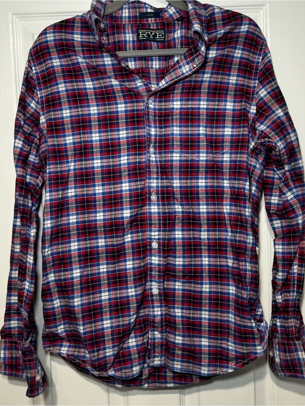 Rye Plaid Button-Down Shirt in Red, White, Blue Size M Slim Fit Boyfriend Shirt